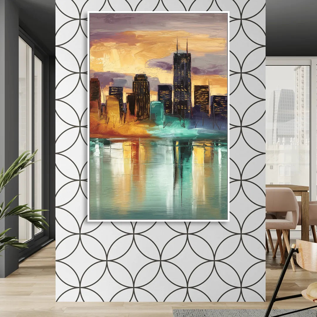 Grand Rapids Cityscape Reflections Sitting Room - White Canvas Wall Art
