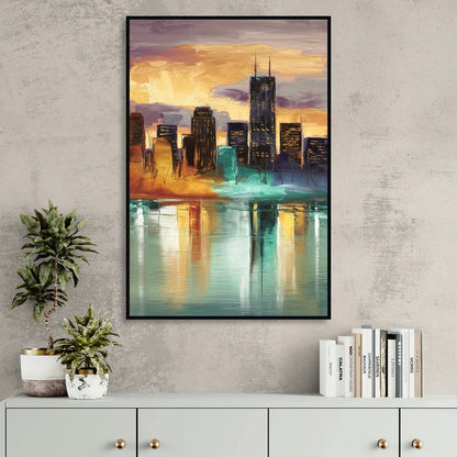 Grand Rapids Cityscape Reflections Living Room - Black Canvas Wall Art