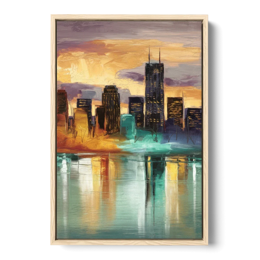 Grand Rapids Cityscape Reflections - Oak Framed Canvas Wall Art - Front