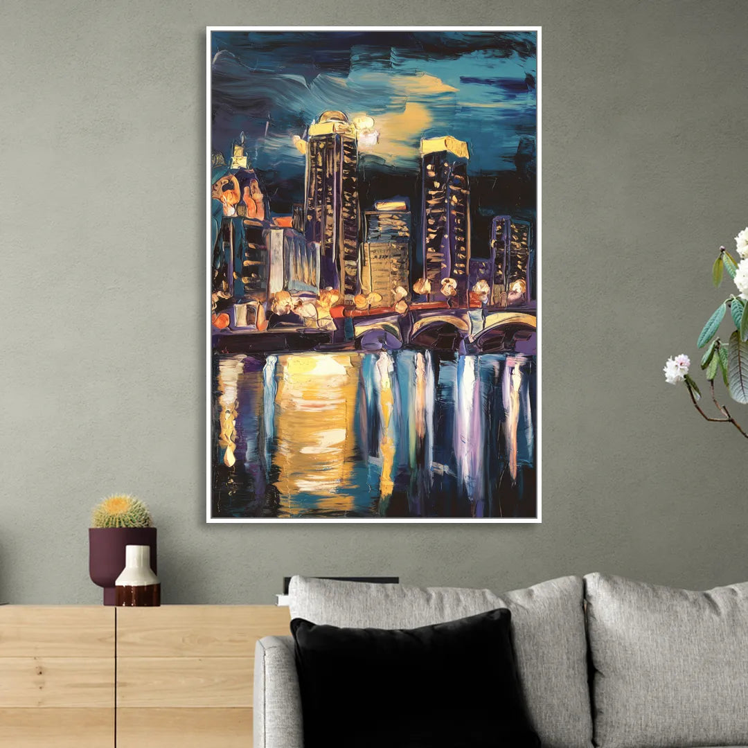 Grand Rapids Nighttime Skyline Glow Sitting Room - White Canvas Wall Art