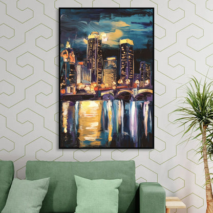 Grand Rapids Nighttime Skyline Glow Sitting Room - Black Canvas Wall Art