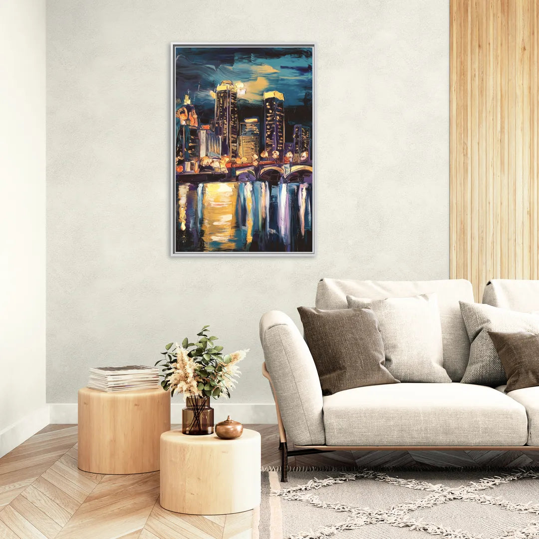 Grand Rapids Nighttime Skyline Glow - Living Room White Frame Canvas