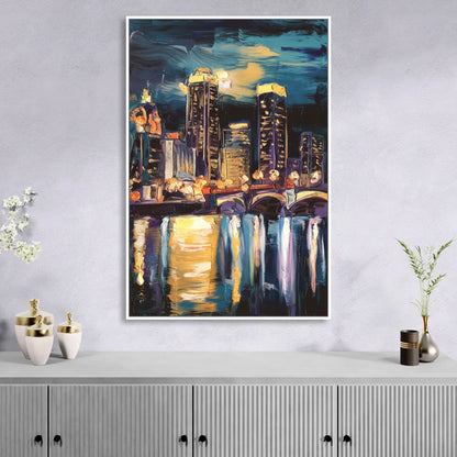 Grand Rapids Nighttime Skyline Glow Living Room - White Canvas Wall Art
