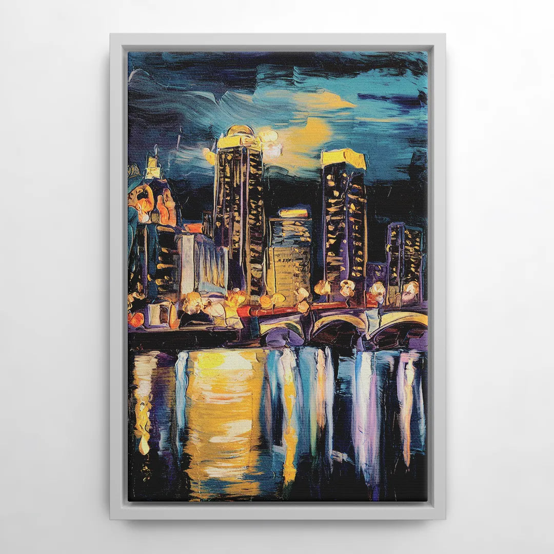 Grand Rapids Nighttime Skyline Glow - White Frame Canvas