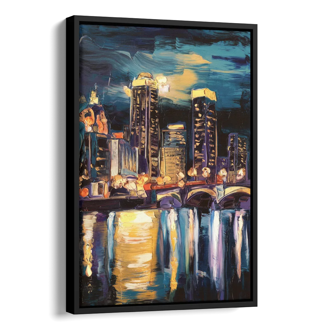 Grand Rapids Nighttime Skyline Glow Side - Black Canvas Wall Art