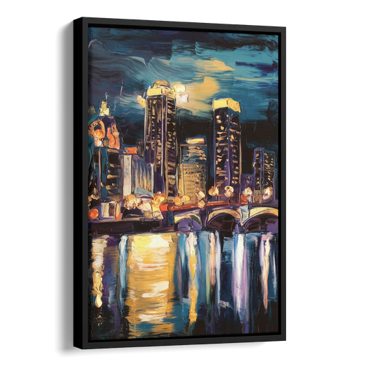Grand Rapids Nighttime Skyline Glow Side - Black Canvas Wall Art