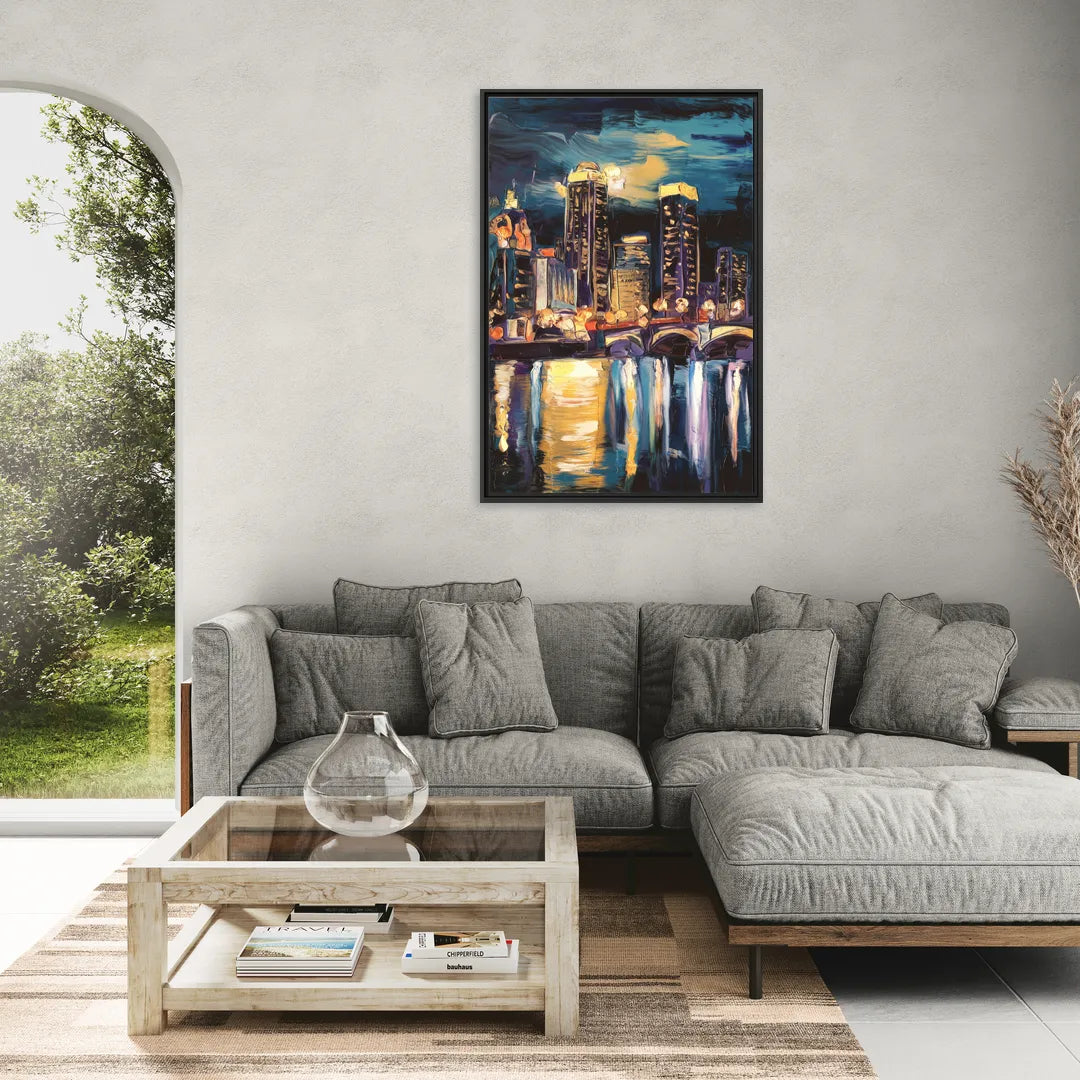 Grand Rapids Nighttime Skyline Glow - Living Room Black Frame Canvas