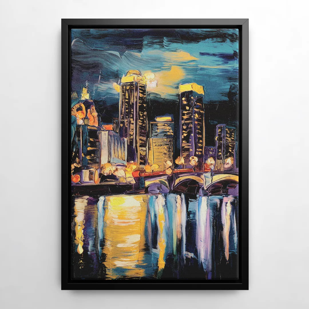 Grand Rapids Nighttime Skyline Glow - Black Frame Canvas