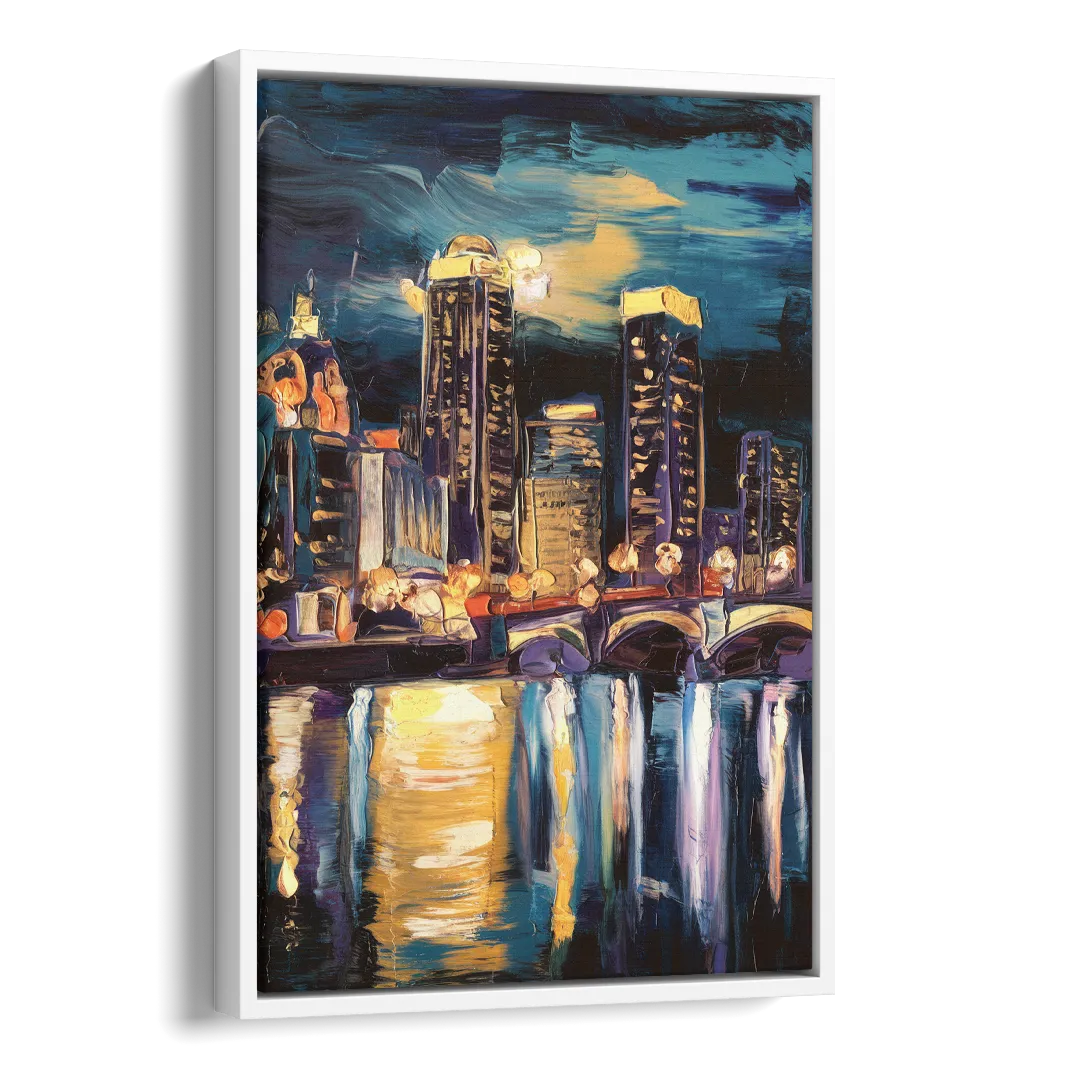Grand Rapids Nighttime Skyline Glow Side - White Canvas Wall Art