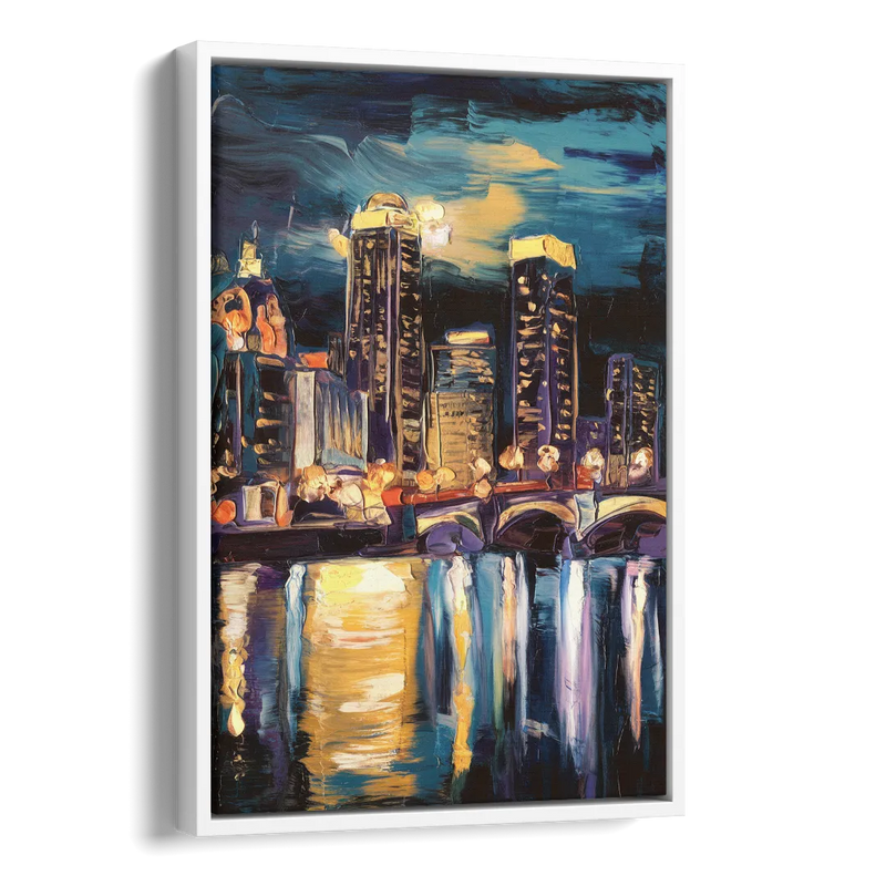Grand Rapids Nighttime Skyline Glow Side - White Canvas Wall Art