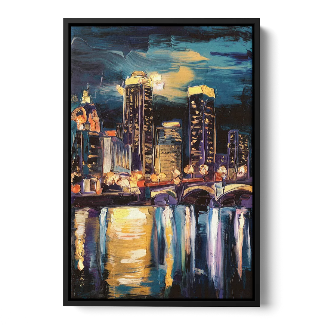 Grand Rapids Nighttime Skyline Glow Front - Black Canvas Wall Art