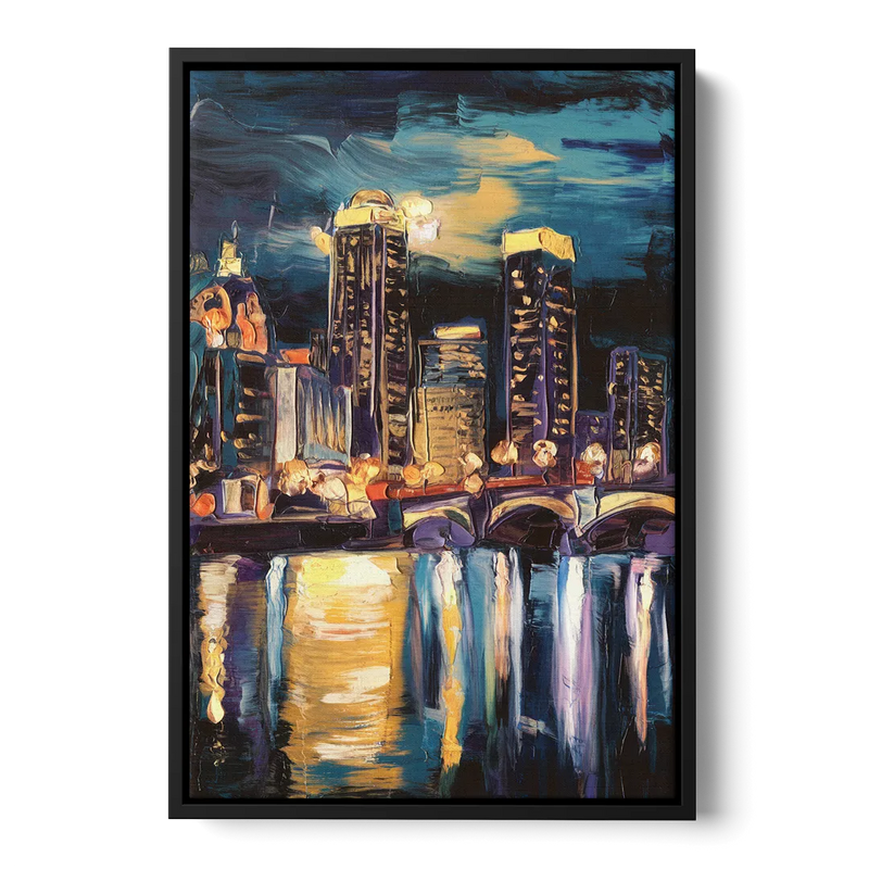 Grand Rapids Nighttime Skyline Glow Front - Black Canvas Wall Art