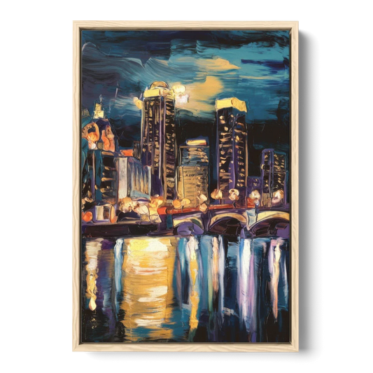 Grand Rapids Nighttime Skyline Glow - Oak Framed Canvas Wall Art - Front
