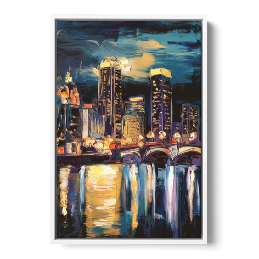 Grand Rapids Nighttime Skyline Glow - White Framed Canvas Wall Art - Front