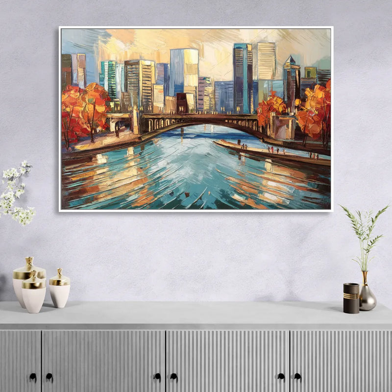 Grand Rapids Urban River Views Living Room - White Canvas Wall Art