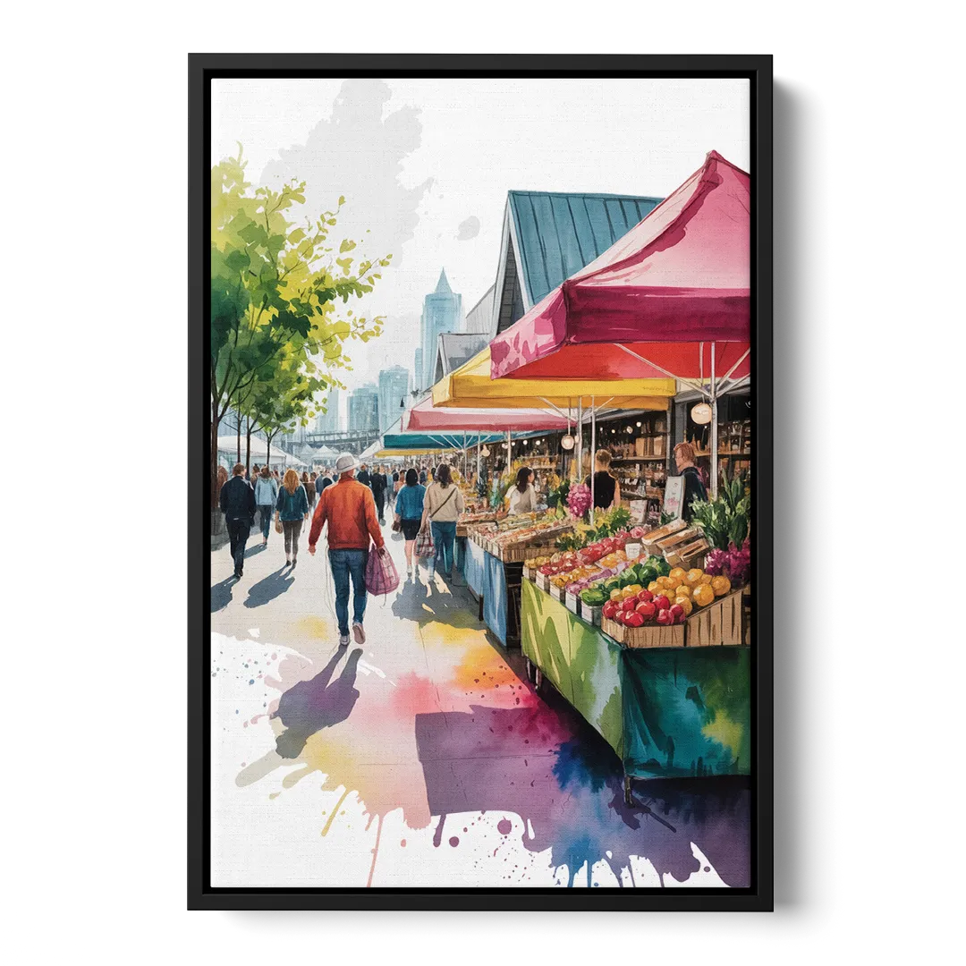 Granville Island Market Front - Black Canvas Wall Art