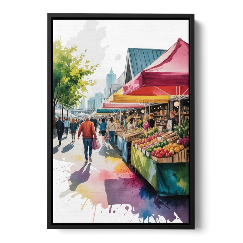 Granville Island Market Front - Black Canvas Wall Art
