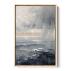 Gray Rain Curtain at Sea for the Bathroom - Oak Framed Canvas Wall Art - Front