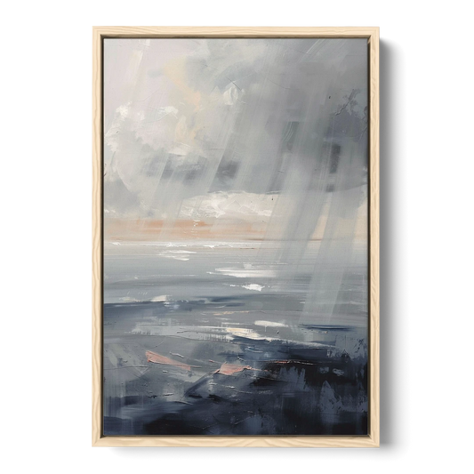 Gray Rain Curtain at Sea for the Bathroom - Oak Framed Canvas Wall Art - Front
