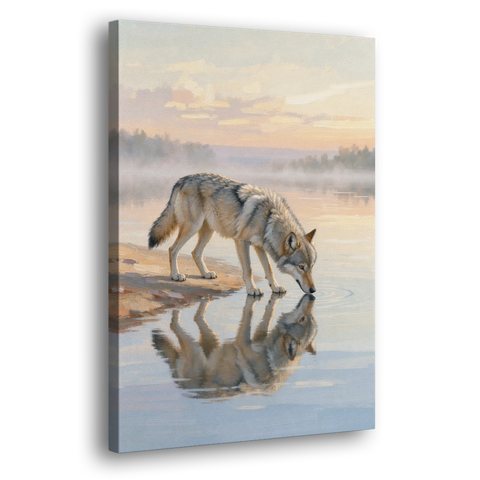 Gray Wolf Drinking at Dawn for the Bathroom - Canvas Wall Art - Side