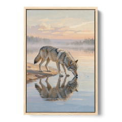 Gray Wolf Drinking at Dawn for the Bathroom - Oak Framed Canvas Wall Art - Front