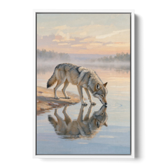 Gray Wolf Drinking at Dawn for the Bathroom - White Framed Canvas Wall Art - Front