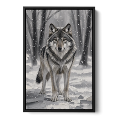 Gray Wolf in Falling Snow - Black Framed Canvas Wall Art - Front