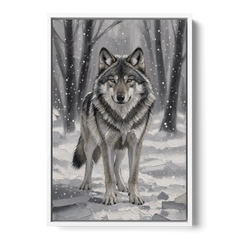Gray Wolf in Falling Snow - White Framed Canvas Wall Art - Front