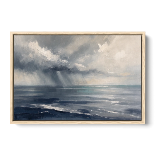 Gray and Blue Wall Art of a Sea Squall - Oak Framed Canvas Wall Art - Front