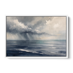 Gray and Blue Wall Art of a Sea Squall - White Framed Canvas Wall Art - Front