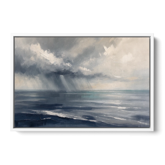 Gray and Blue Wall Art of a Sea Squall - White Framed Canvas Wall Art - Front