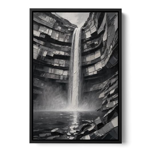 Grayscale Wall Art of a Canyon Waterfall - Black Framed Canvas Wall Art - Front