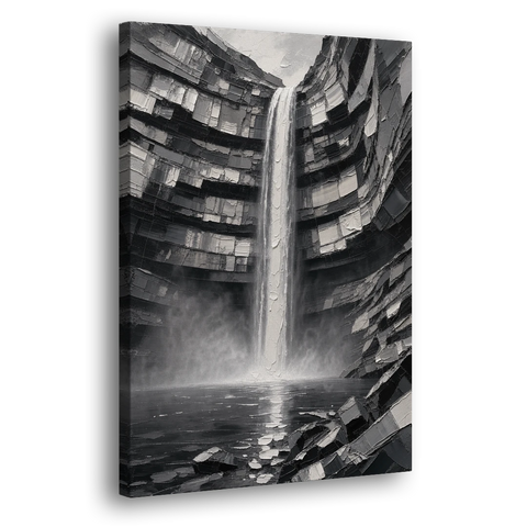 Grayscale Wall Art of a Canyon Waterfall - Canvas Wall Art - Side