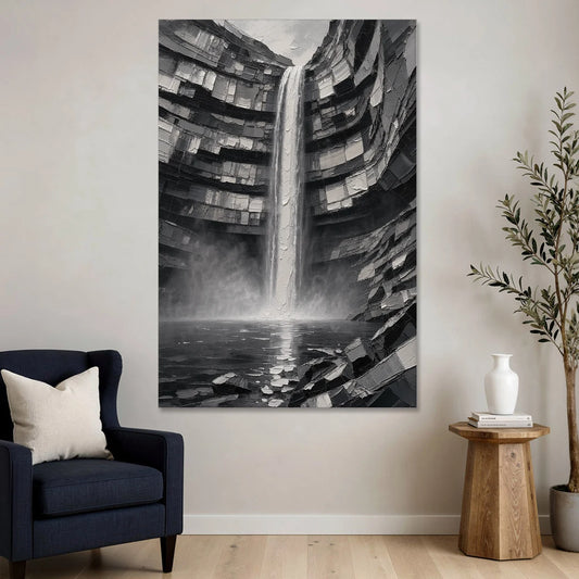 Grayscale Wall Art of a Canyon Waterfall - Canvas Wall Art - Sofa - 40x60