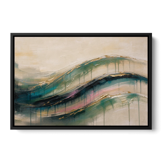 Green Abstract Emerald Tide with Gold Veins - Black Framed Canvas Wall Art - Front