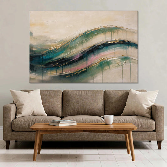 Green Abstract Emerald Tide with Gold Veins - Canvas Wall Art - Sofa - 60x40