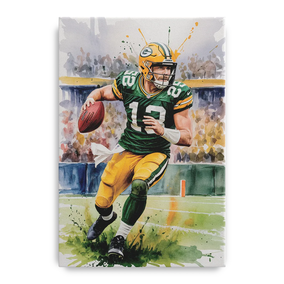 Green Bay Packers Expressive Watercolor Football Art Front - Canvas Wall Art