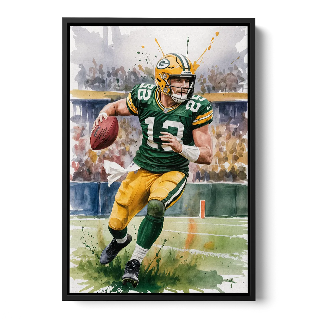 Green Bay Packers Expressive Watercolor Football Art - Black Frame Canvas