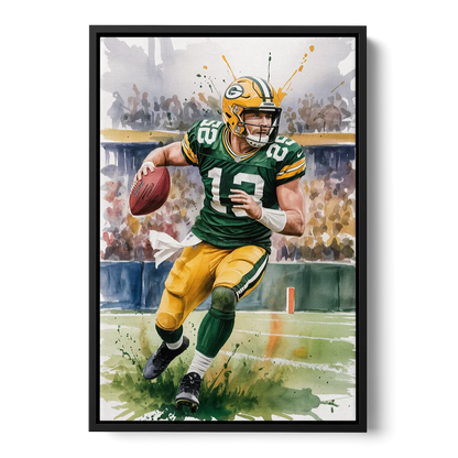 Green Bay Packers Expressive Watercolor Football Art - Black Frame Canvas