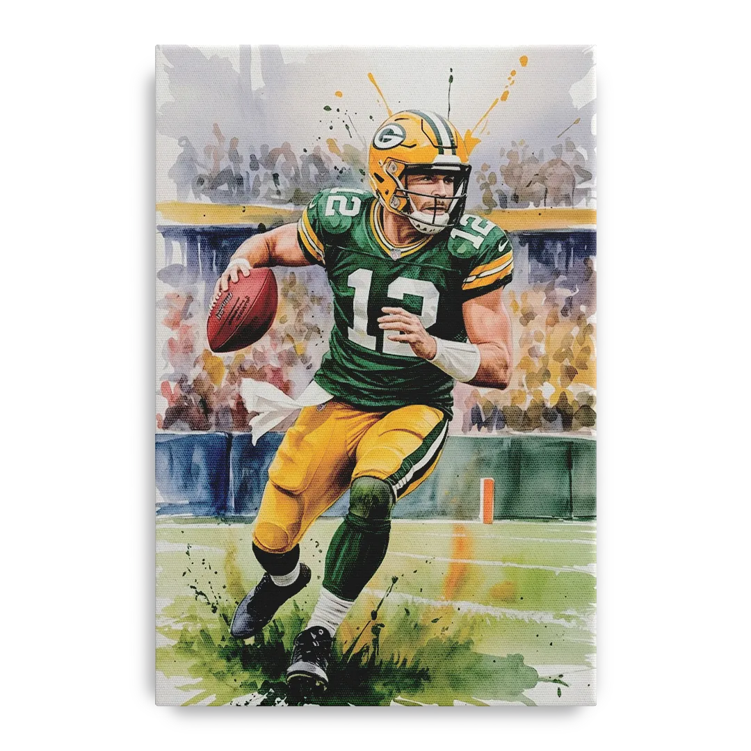 Green Bay Packers Expressive Watercolor Football Art Front - Canvas Wall Art