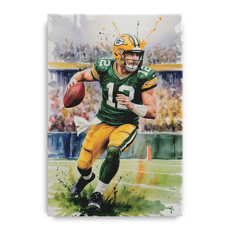 Green Bay Packers Expressive Watercolor Football Art Front - Canvas Wall Art