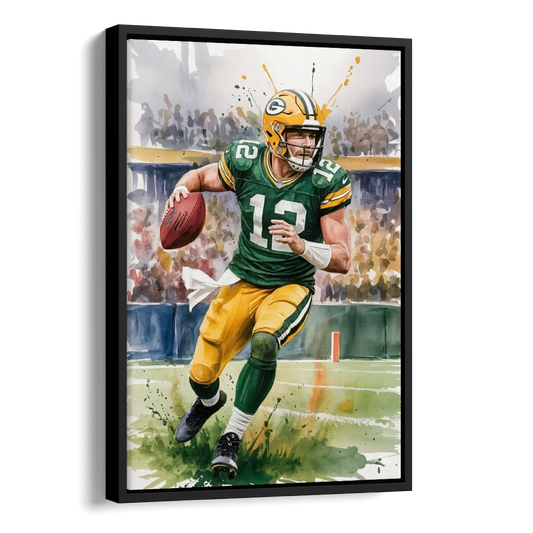 Green Bay Packers Expressive Watercolor Football Art Side - Black Canvas Wall Art