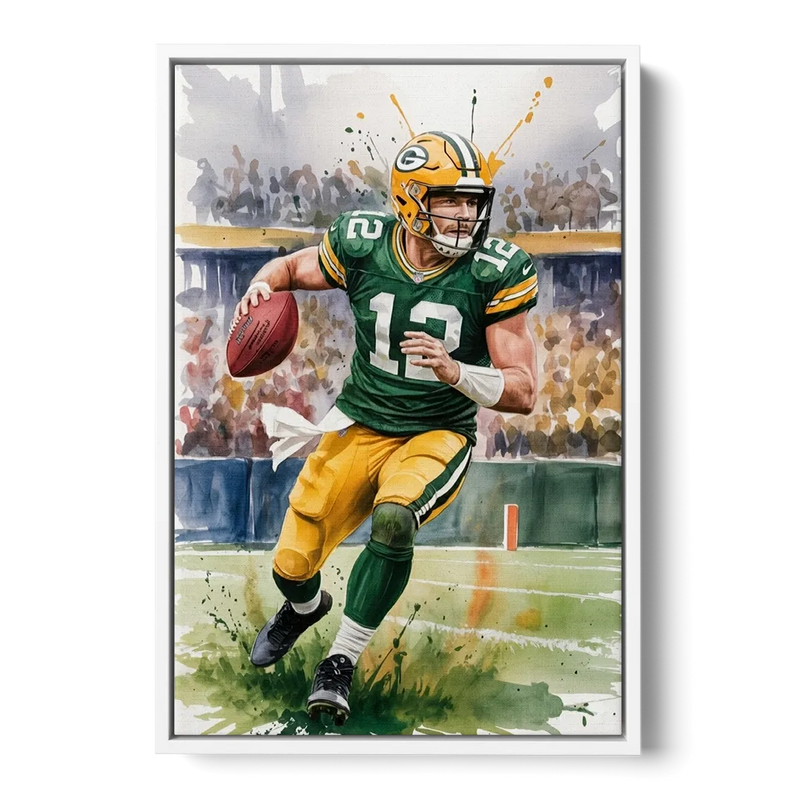 Green Bay Packers Expressive Watercolor Football Art Front - White Canvas Wall Art