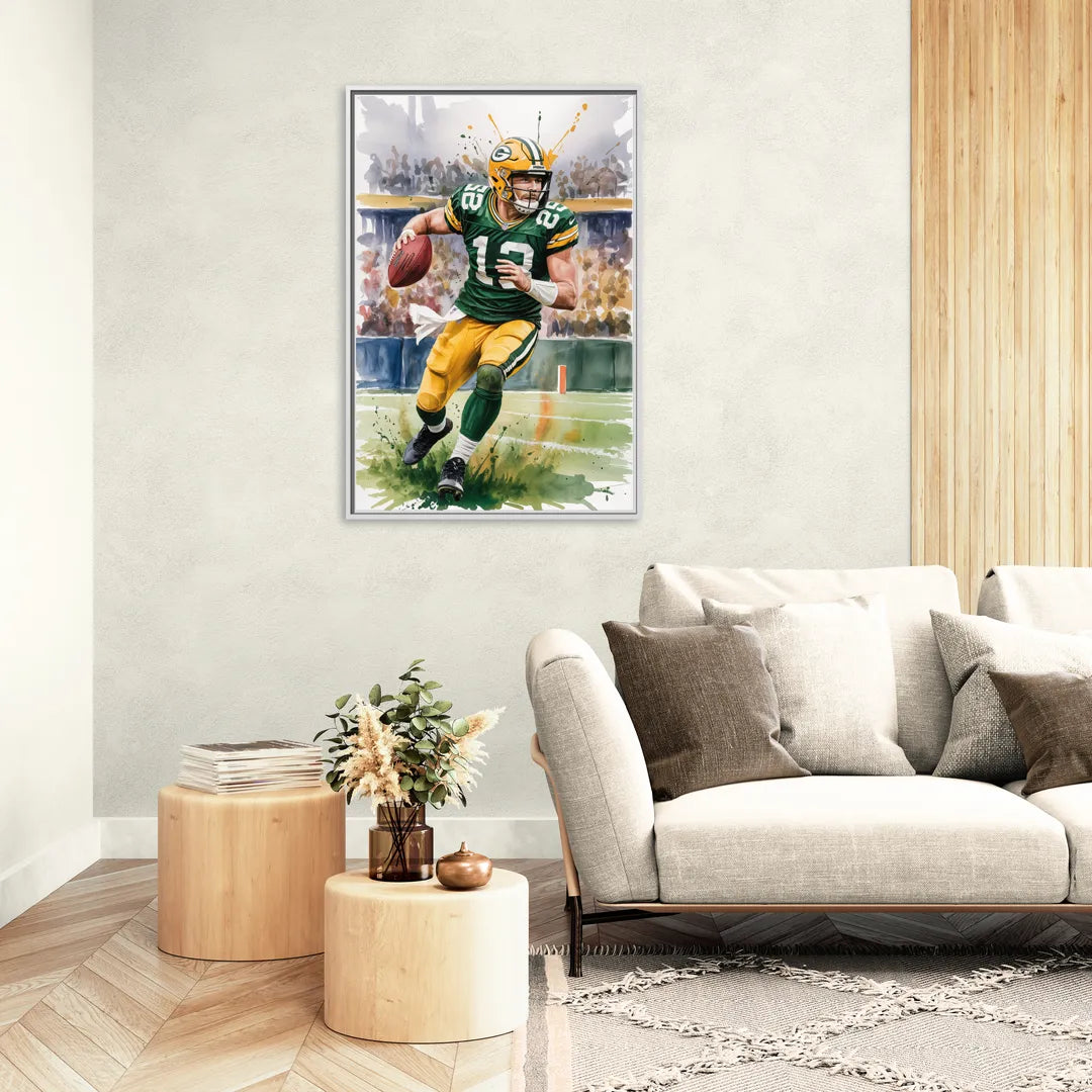 Green Bay Packers Expressive Watercolor Football Art - Living Room White Frame Canvas