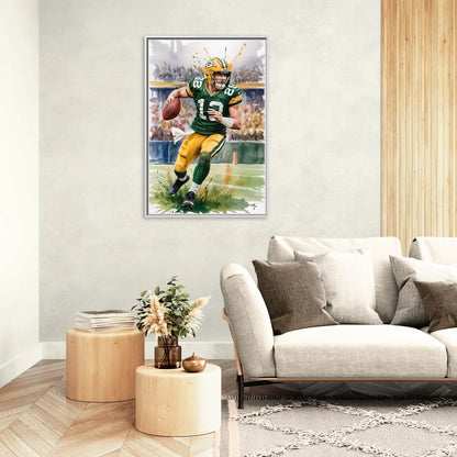 Green Bay Packers Expressive Watercolor Football Art - Living Room White Frame Canvas