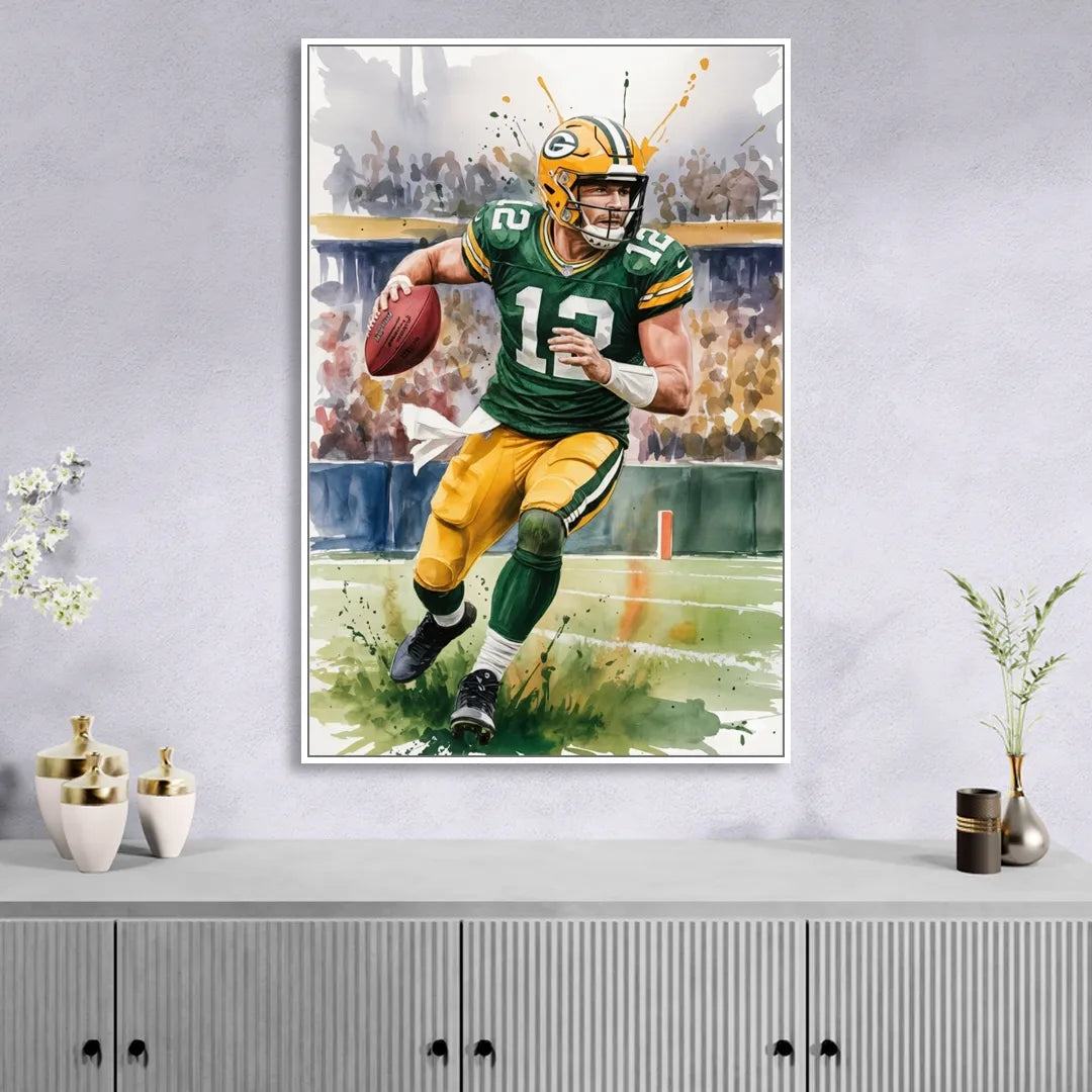 Green Bay Packers Expressive Watercolor Football Art Sitting Room - White Canvas Wall Art