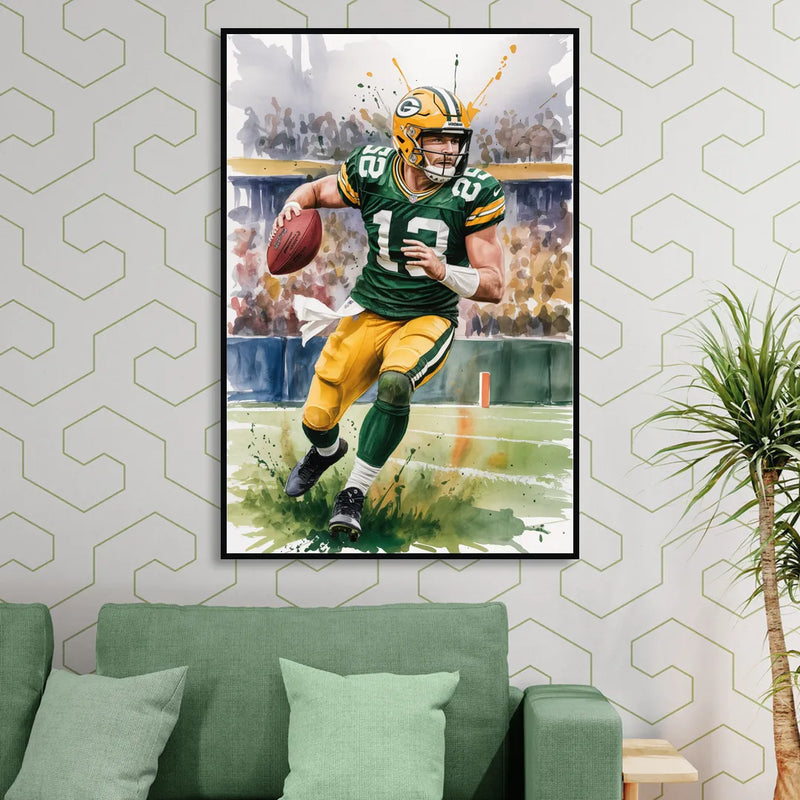 Green Bay Packers Expressive Watercolor Football Art Sitting Room - Black Canvas Wall Art