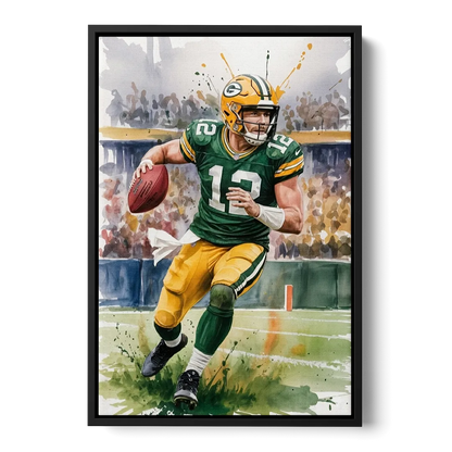 Green Bay Packers Expressive Watercolor Football Art Front - Black Canvas Wall Art