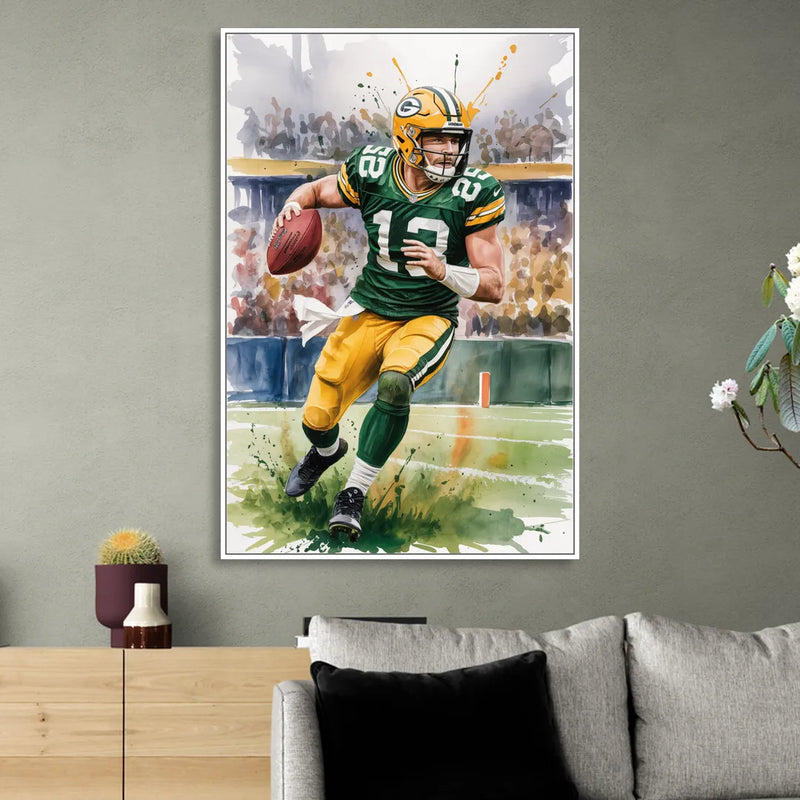 Green Bay Packers Expressive Watercolor Football Art Sitting Room - White Canvas Wall Art