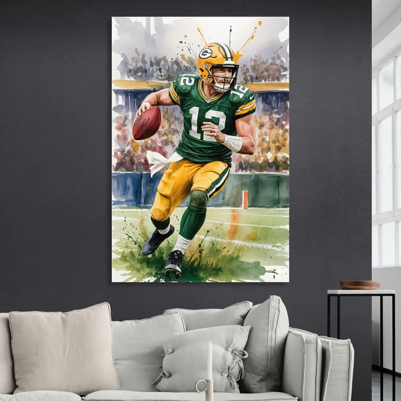 Green Bay Packers Expressive Watercolor Football Art Sitting Room - Canvas Wall Art